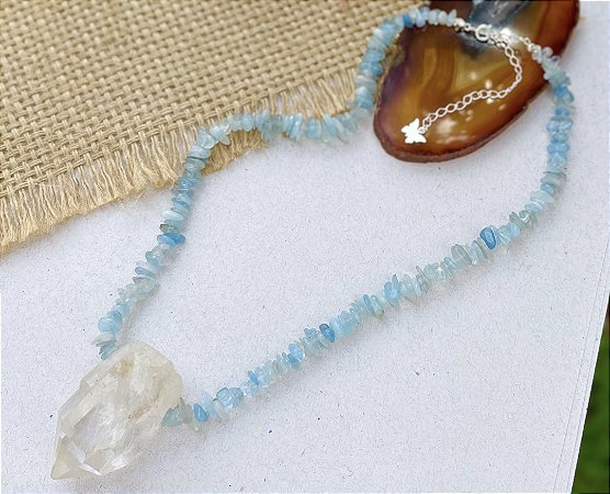 Colar Água Marinha com Quartzo Cristal - Prata