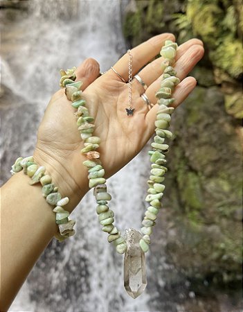 Colar Crisoprásio com Quartzo Cristal - Prata