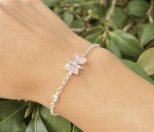 Pulseira Borboleta Quartzo Rosa - Prata