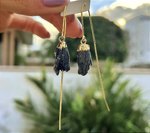 Brinco Fada Cianita Negra - Dourado