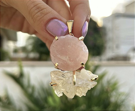 Pingente Duplo - Quartzo Rosa com Quartzo Cristal
