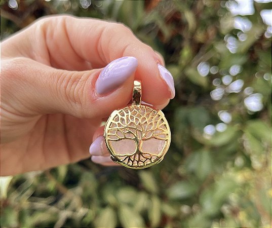 Pingente Árvore da Vida com Quartzo Rosa - Dourado