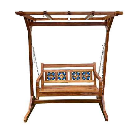 Banco Balanço com Pergolado Ladrilho Azul Peroba Rosa Sudeste Rústico