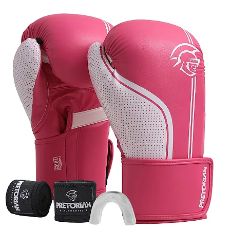 Kit Luva De Boxe E Muay Thai First Fx1 - Pretorian 12oz Rosa/Branco