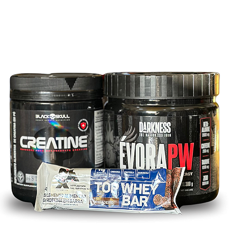 COMBO Dupla perfeita: Creatina Blackskull 300g  + Pré treino Évora 300g + Barrinha de Proteína