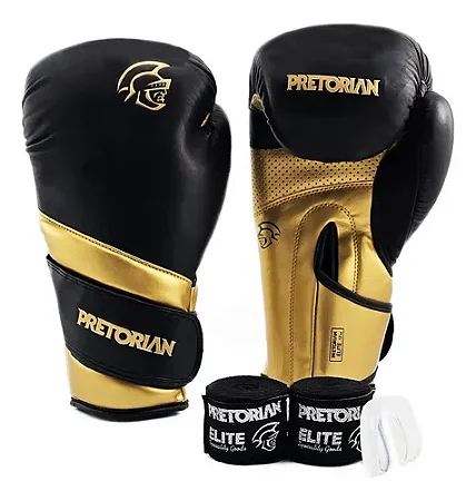 Kit Luva De Boxe E Muay Thai Elite - Pretorian 12oz Preto/Dourado