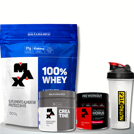 COMBO MASSA E ENERGIA: 100% Whey Refil Max +Creatina 150g + Horus 150g + Coqueteleira
