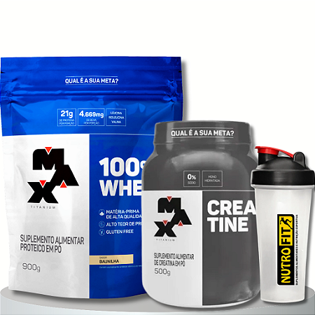 Combo: 100% Whey Refil 900g + Creatina 500g + Coqueteleira.