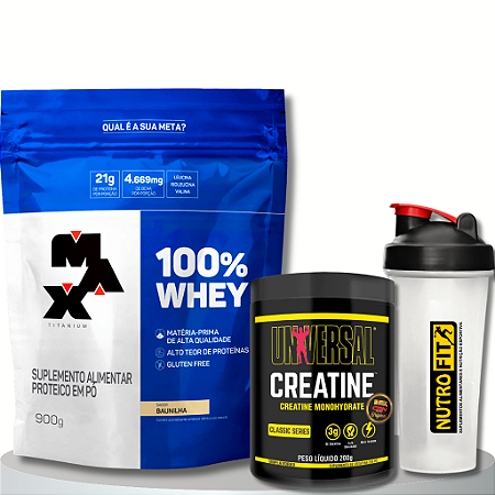 Combo: 100% Whey Max + Creatina Universal 200g + Coqueteleira.