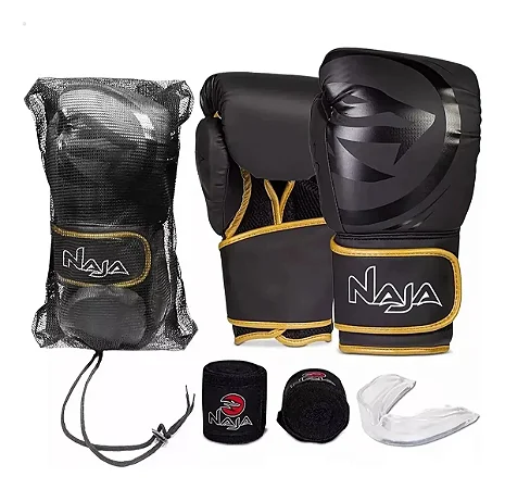 KIT NAJA 12OZ BOXE/MUAY THAI PRETO/DOURADO