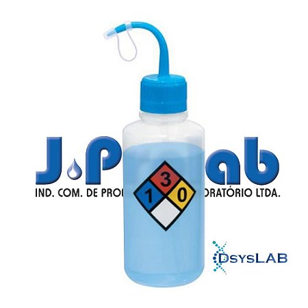 Pisseta com Classificação de Risco - Água Destilada, Graduada em Silk Screen, Polietileno, Capacidade de 500 mL, mod. 0407-3 (J.Prolab)
