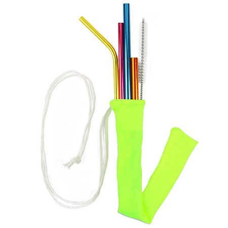 Kit Todos em Um Neon Color 4 canudos + Case + Escova Higienizadora