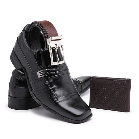 Sapato Social Masculino Confort Em Couro Nobre Fosco Preto Com Cinto e Carteira