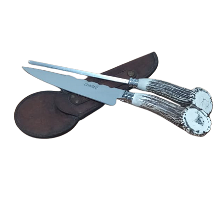 CONJUNTO FACA E CHAIRA COM CABO DE CERVO COM ROSETA 8 POL FORJADA - ELMO