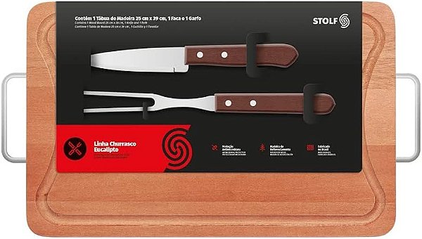Kit Churrasco 3 Peças Eucalipto Tábua, Faca e Garfo