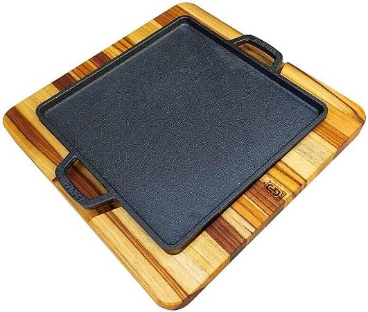 Chapa Quadrada de Ferro Fundido com Suporte de Madeira