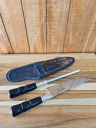 Conjunto Faca e Chaira 8" Aço Cirúrgico Cabo Preto