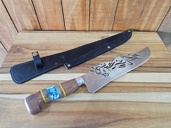 Faca Artística Cavalo 10" Aço Cirúrgico Cabo de Madeira Trabalhado