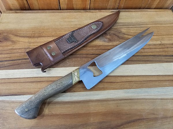 Faca Abridor Garfo 10" Aço Cirúrgico Cabo de Madeira