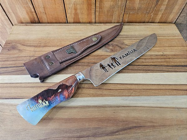 Faca Família 10" Aço Cirúrgico Cabo de Madeira e Resina Trabalhado