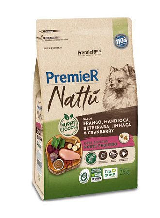 Premier Nattu Cães Adultos Raças Pequenas Frango/Mandioca/Beterraba/Linhaça/Cranberry 10kg
