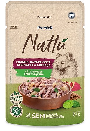 Sache Premier Nattu Cães Adultos Raças Pequenas Frango/Batata doce/Espinafre/Linhaça 85g