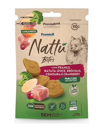 Biscoito Premier Nattu Bites Cães Adultos Frango/Batata Doce 60g