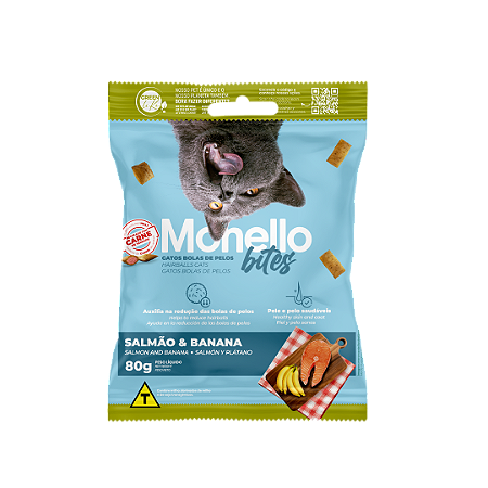 Snack Monello Bites Gatos Adultos Hairball Bolas de Pelo Salmão/Banana 80g
