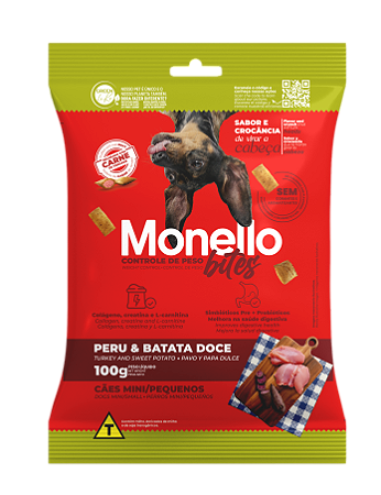 Snack Monello Bites  Cães Adultos Controle de Peso Raças Mini/Pequenas Peru/Batata Doce 100g