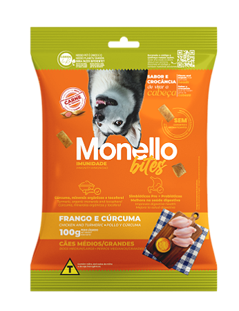 Snack Monello Bites Cães Adultos  Imunidade Raças Médias/Grandes Frango/Curcuma 100g