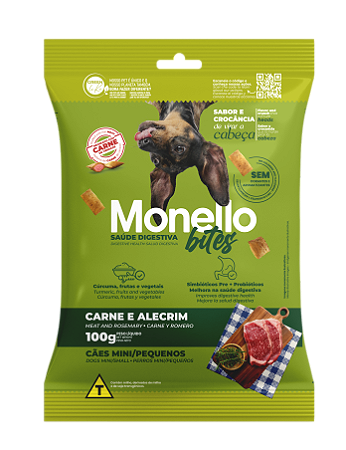 Snack Monello Bites Cães Adultos Saúde Digestiva Raças Mini/Pequenas Carne/Alecim 100g