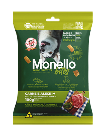 Snack Monello Bites Cães Adultos Saúde Digestiva Raças Médias/Grandes Carne/Alecim 100g