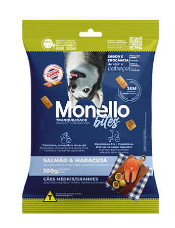 Snack Monello Bites Cães Adultos Tranquilidade Raças Médias/Grandes Salmão/Maracujá 100g
