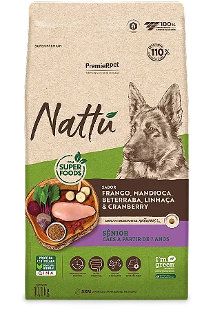 Premier Nattu Cães Senior Raças Medias Frango/Mandioca/Beterraba/Linhaça/Cranberry 10kg