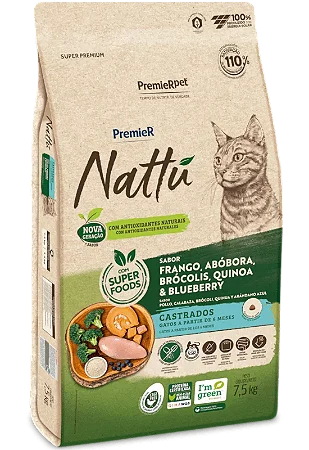 Premier Nattu Gatos Castrados Frango/Abóbora/Brócolis/Quinoa/Blueberry 1,5kg