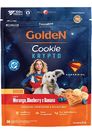 Biscoito Golden Cookie Cães Adultos Raças Pequenas Krypto Supergirl Morango/Blueberry/Banana 350g