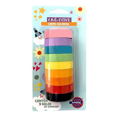 Kit Com 9 Rolos de Fita Crepe Colorida 12mmX10m