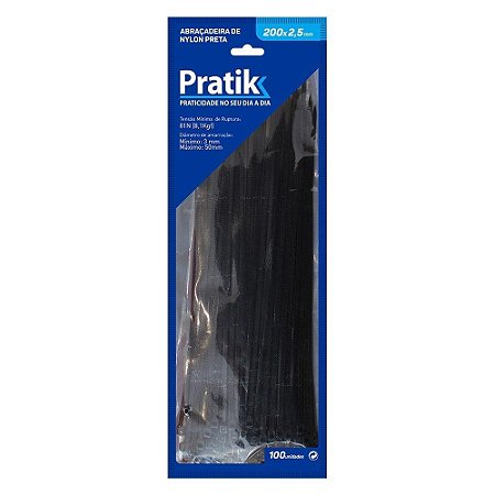 Abraçadeira de Nylon Preta 200x2,5mm Com 100 Unidades Pratik