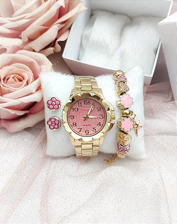Relógio Feminino Dourado Pink Flower  com Pulseira e Brincos