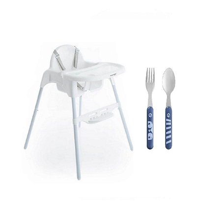 Cadeira de Refeição Macaron E Kit Talheres Aço Inox Azul