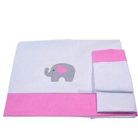 Lençol de Mini Berço 3 Peças Elefante Rosa - Minha Casa Baby