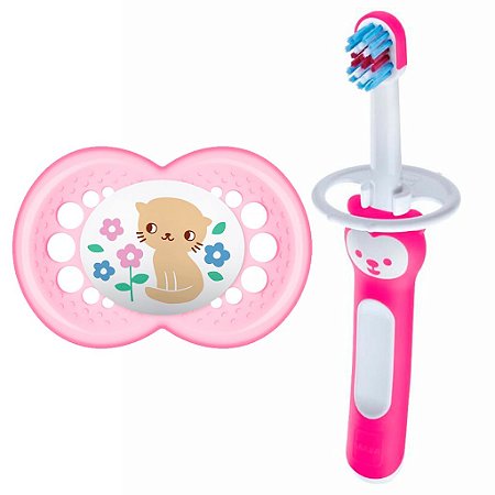 Escova Dental Mam Baby Brush + Chupeta Original Rosa (+6M)