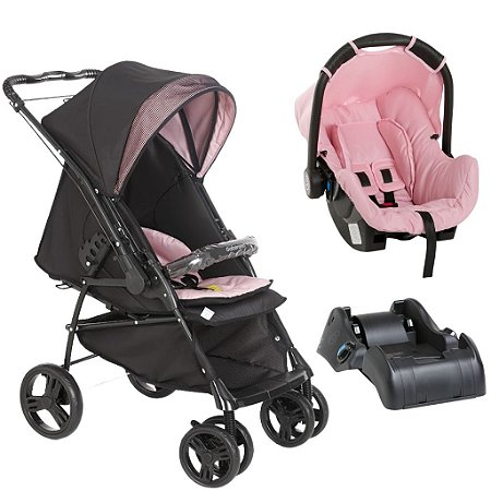 Carrinho Maranello II Preto Rosa Com Bebê Conforto e Base