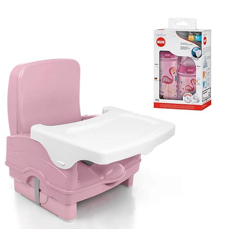 Cadeira Cake Voyage e kit mamadeira Nuk Flamingo