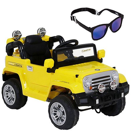 Carro Elétrico Jipe Amarelo e Óculos de Sol Preto com Alça