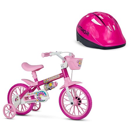 Bicicleta Infantil Aro 12 Flower com Capacete Rosa - Nathor