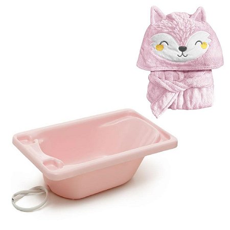 Banheira Plástica Rígida com Roupão Infantil Raposa Rosa