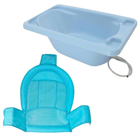 Banheira Plástica Rígida Azul e Rede Protetora de Banho