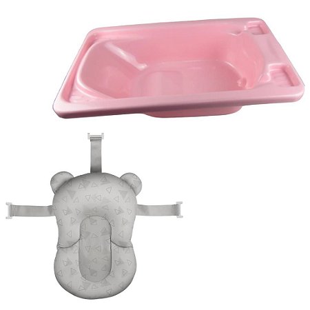 Banheira Plástica Rígida Rosa Perolado e Almofada De Banho