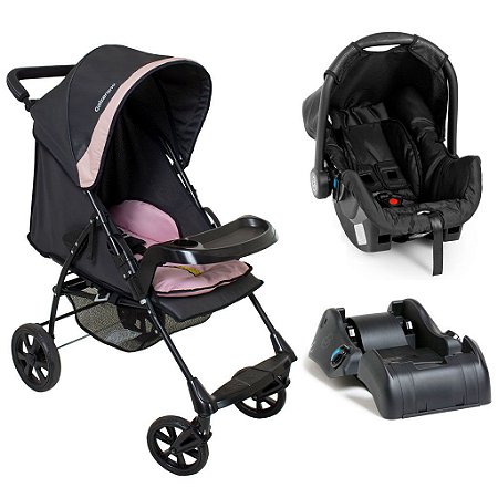 Carrinho de Bebê Romano Preto Rosa c/ Bebê Conforto e Base